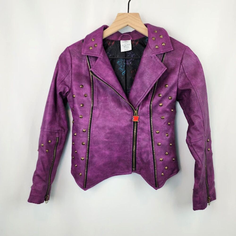Disney Kids Mal-Descendants Moto Studded Purple Faux Leather Jacket Size 9/10